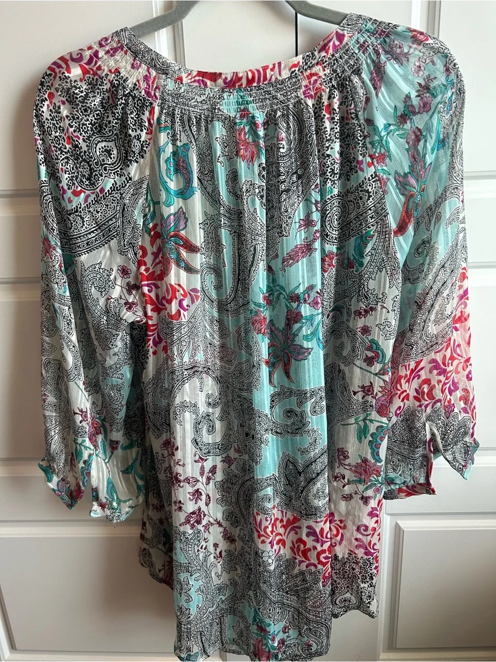 Daniel Rainn 1X Aqua & Pink Floral Paisley Peasant Blouse - Picture 10 of 15
